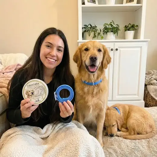 Dog owner holding a CalmiCollar tin beside her golden retriever