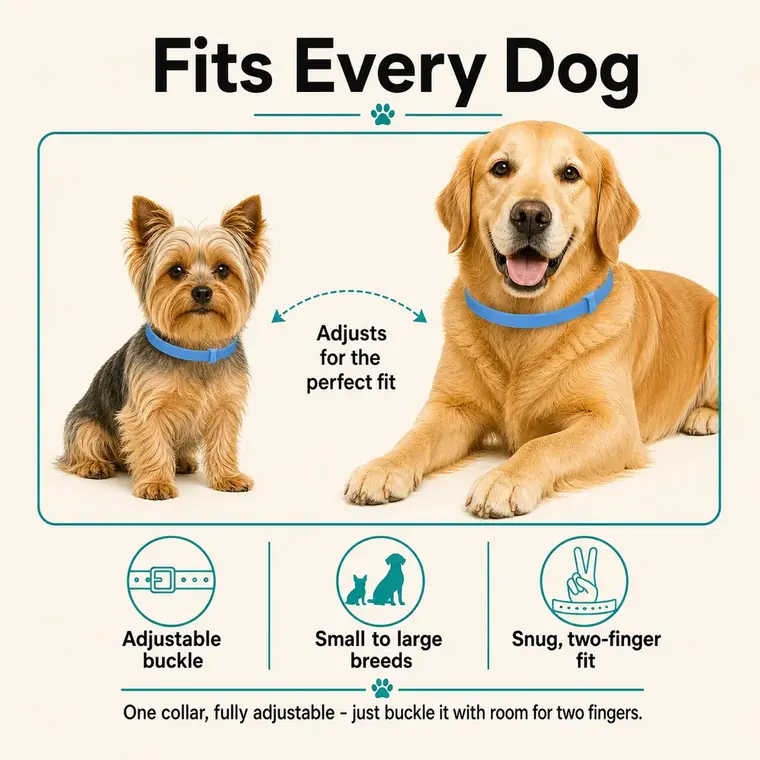 CalmiCollar adjustable fit guide showing small and large dog breeds