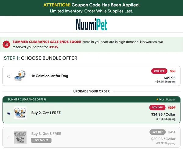 CalmiCollar official checkout page showing Step 1 bundle selection and live prices