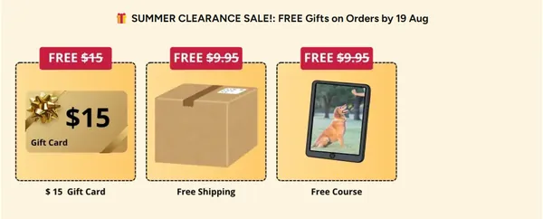 Three free gifts shown on the CalmiCollar checkout: $15 gift card, free shipping and a free course