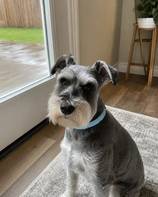 Mini schnauzer wearing a blue CalmiCollar dog calming collar indoors