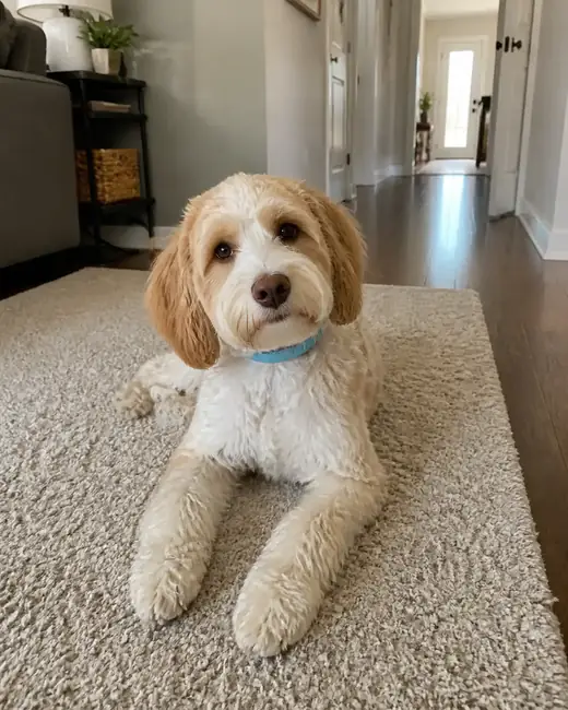 Curly coated dog wearing a blue CalmiCollar calming collar at home