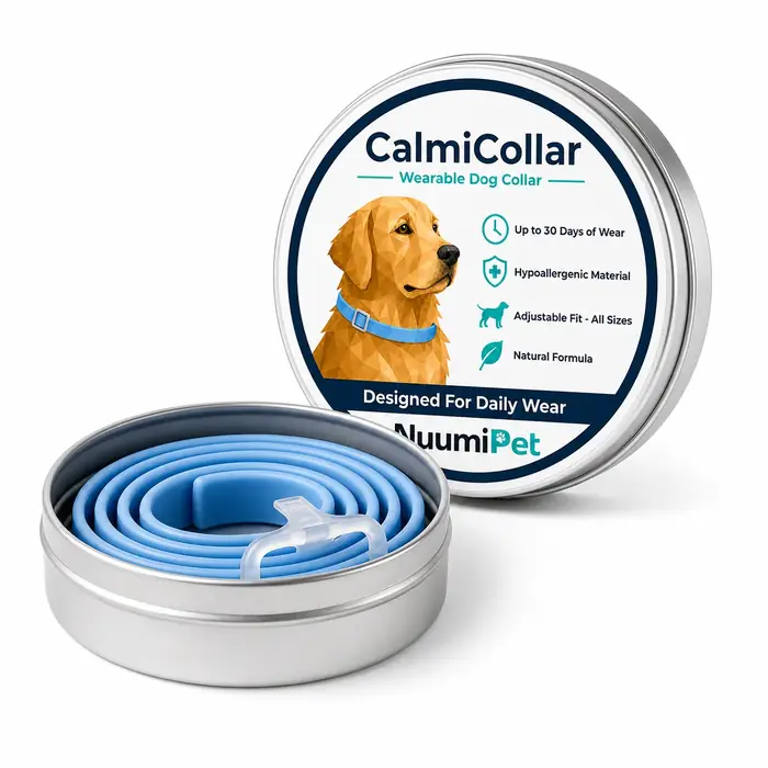 CalmiCollar dog calming collar coiled inside its sealed metal tin